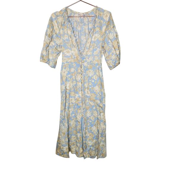 REBECCA TAYLOR Blue Yellow Printed Leaf Cotton Button Front Puff Sleeve Dress 0 - Picture 3 of 11